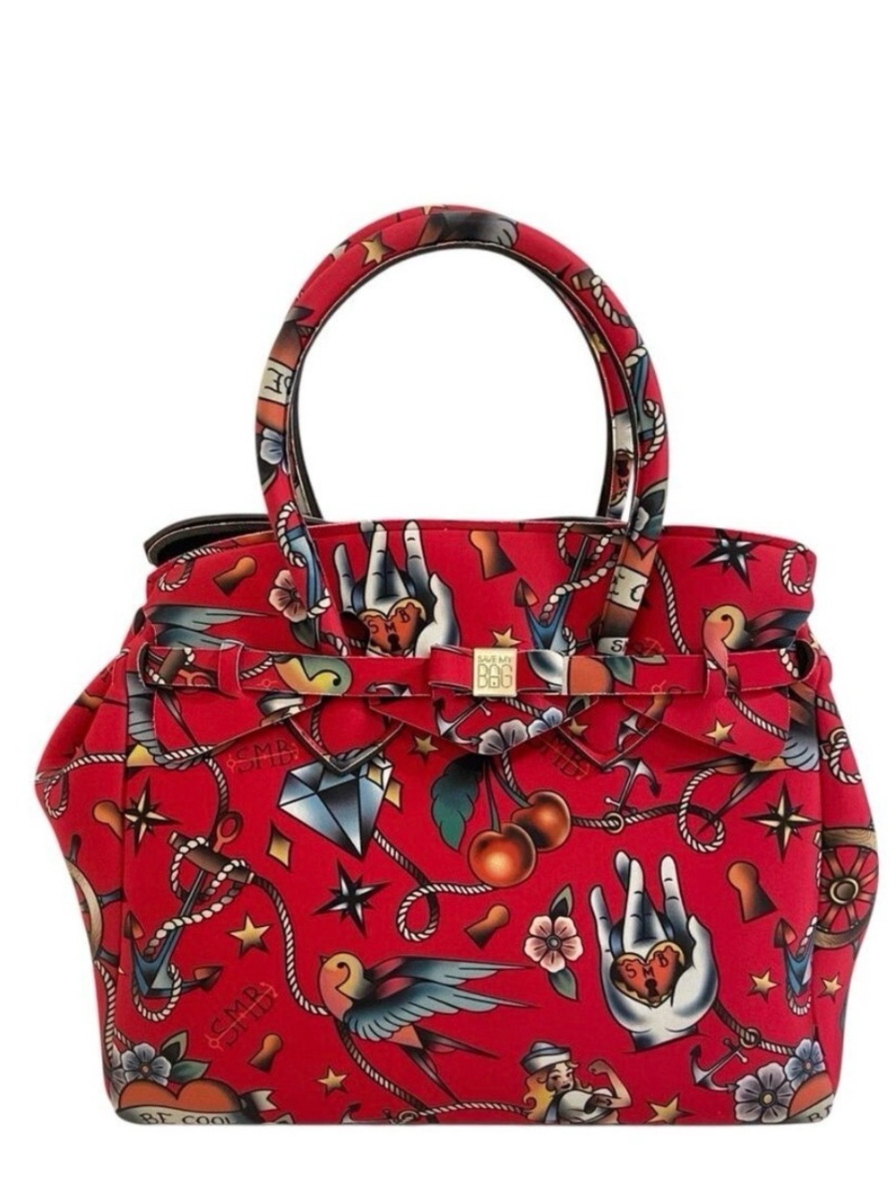 Save My Bag Red Tattoo-Print Designer Satchel With Bow Detail Lightweight Handle